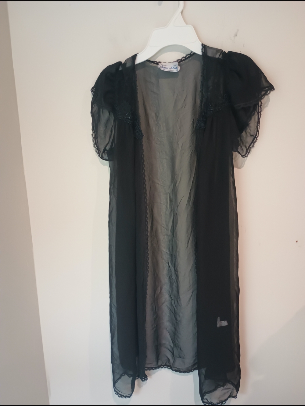Vintage Sugar Plum Black Sheer Robe Duster Lace Coquette Goth Lingerie Size L